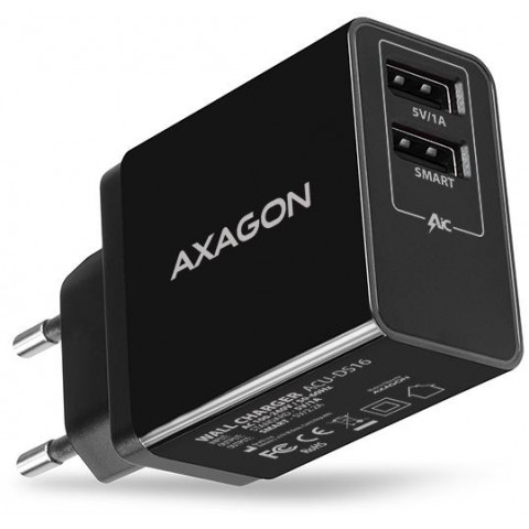 AXAGON ACU-DS16, SMART nabíječka do sítě 16W, 2x USB-A port, 5V 2.2A + 5V 1A