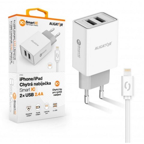 ALIGATOR Chytrá síťová nabíječka 2,4A, 2xUSB, smart IC, bílá, USB kabel pro iPhone iPad