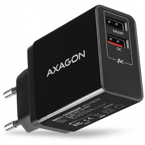 AXAGON ACU-QS24, QC & SMART nabíječka do sítě 24W, 2x USB-A port, QC3.0 AFC FCP + 5V 1.2A