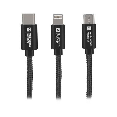Natec vícekonektorový kabel 3v1 USB Micro + Lightning + USB-C, textilní opletení, 1m
