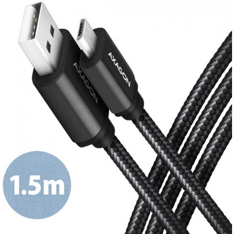AXAGON BUMM-AM15AB, HQ kabel Micro USB - USB-A, 1.5m, USB 2.0, 2.4A, ALU, oplet, černý