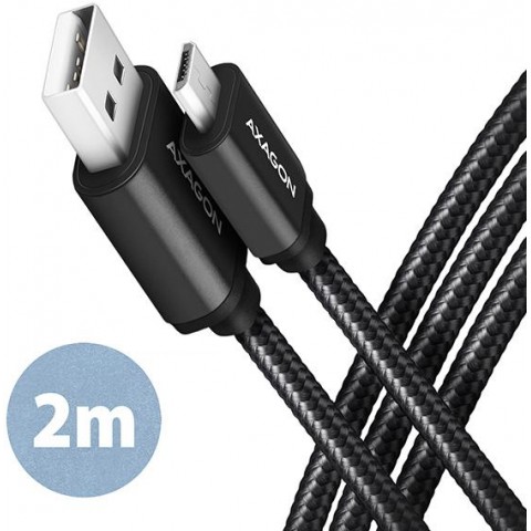 AXAGON BUMM-AM20AB, HQ kabel Micro USB - USB-A, 2m, USB 2.0, 2.4A, ALU, oplet, černý