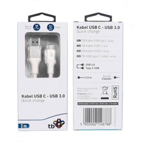 TB USB 3.0 USB-C 2m premium 3A bílý