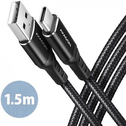 AXAGON BUCM-AM15AB, HQ kabel USB-C - USB-A, 1.5m, USB 2.0, 3A, ALU, oplet, černý