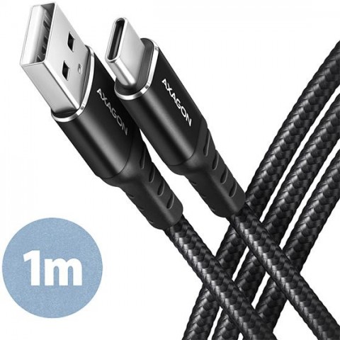 AXAGON BUCM-AM10AB, HQ kabel USB-C - USB-A, 1m, USB 2.0, 3A, ALU, oplet, černý