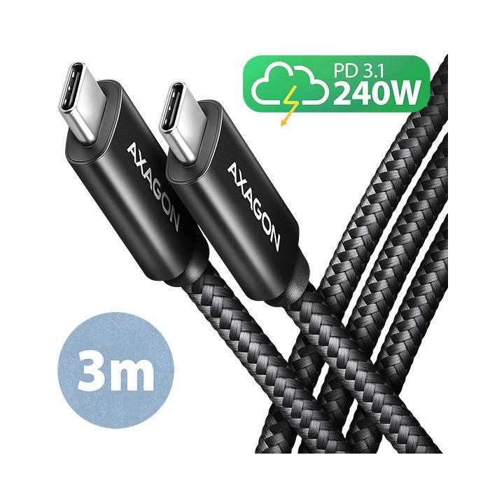 AXAGON BUCM2-CM30AB, CHARGE kabel USB-C - USB-C, 3m, Hi-Speed USB, PD 240W 5A, ALU, oplet, černý