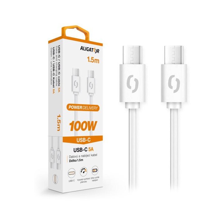 Datový kabel ALIGATOR POWER 100W, USB-C USB-C 5A, 1,5m bílý